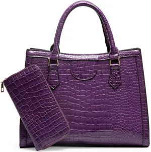 2 PCS Women Tote Handbag Crocodile Pattern Shoulder Bag Faux Leather Retro Satchel Purse Wallet