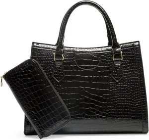 2 PCS Women Tote Handbag Crocodile Pattern Shoulder Bag Faux Leather Retro Satchel Purse Wallet