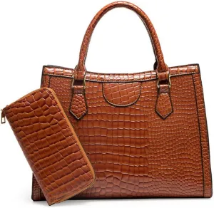 2 PCS Women Tote Handbag Crocodile Pattern Shoulder Bag Faux Leather Retro Satchel Purse Wallet