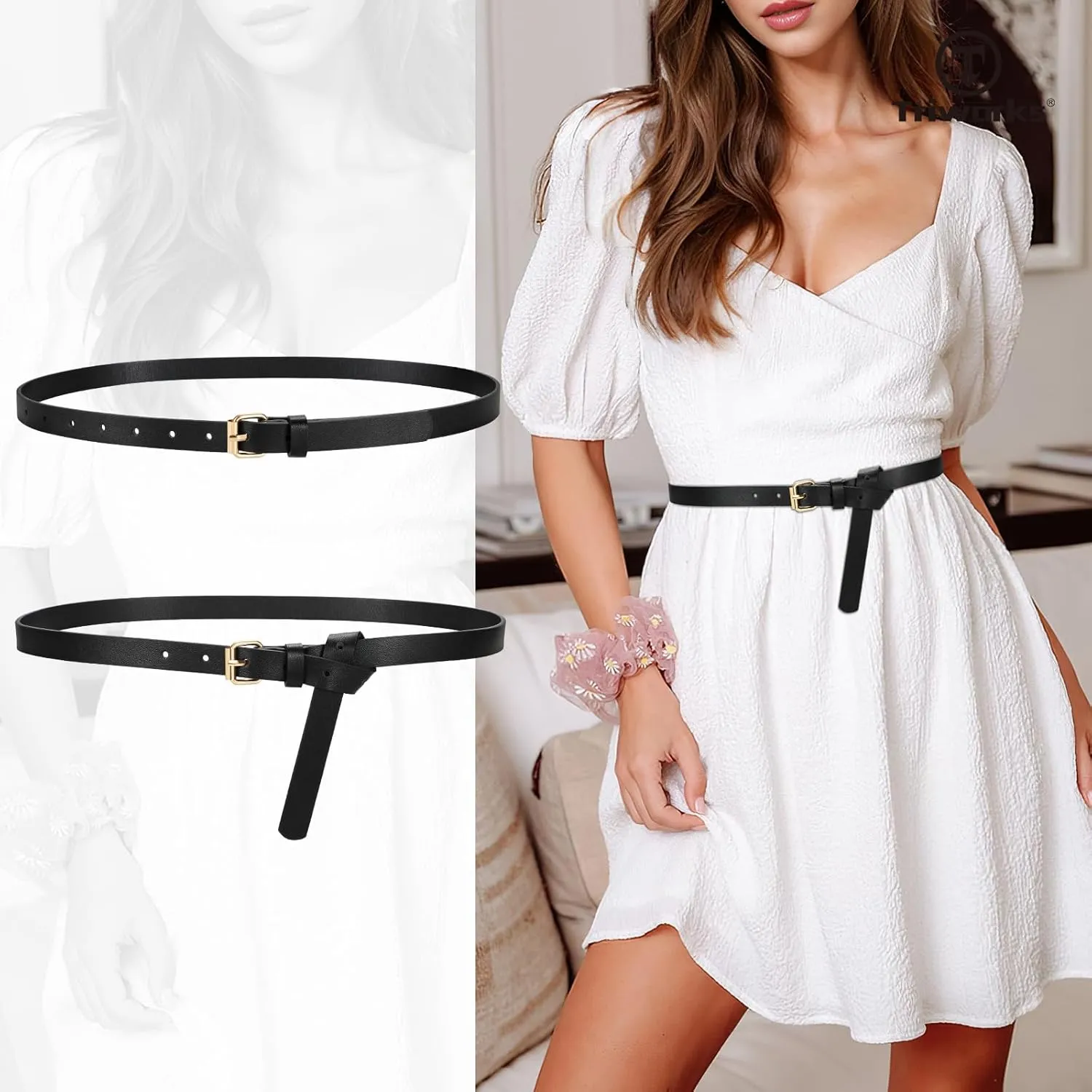 3 Pack Women Skinny Leather Belt for Jeans Pants Dress Ladies Thin Waist Belt with Gold Buckle