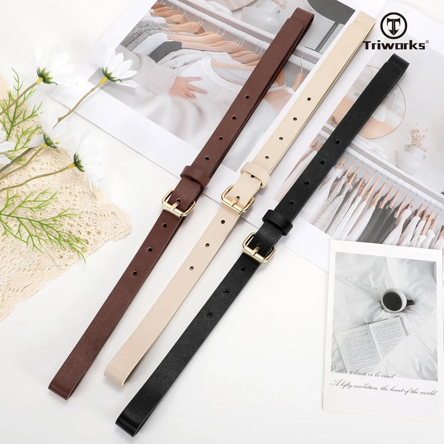 3 Pack Women Skinny Leather Belt for Jeans Pants Dress Ladies Thin Waist Belt with Gold Buckle