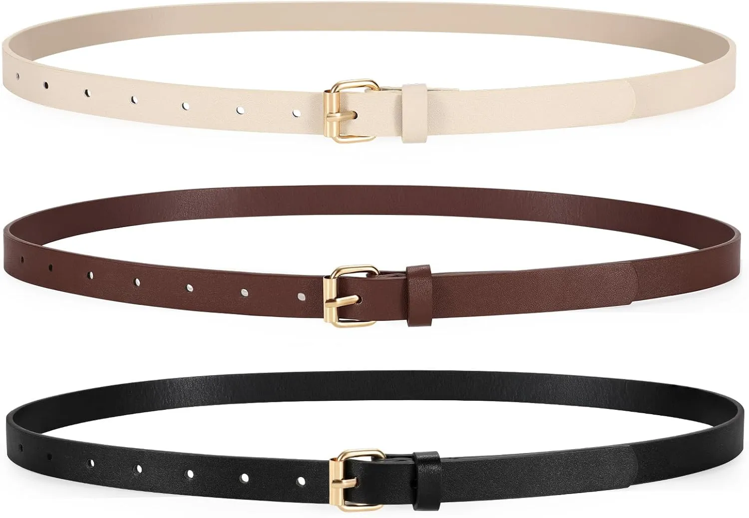 3 Pack Women Skinny Leather Belt for Jeans Pants Dress Ladies Thin Waist Belt with Gold Buckle