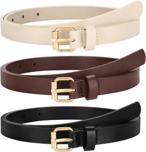 3 Pack Women Skinny Leather Belt for Jeans Pants Dress Ladies Thin Waist Belt with Gold Buckle