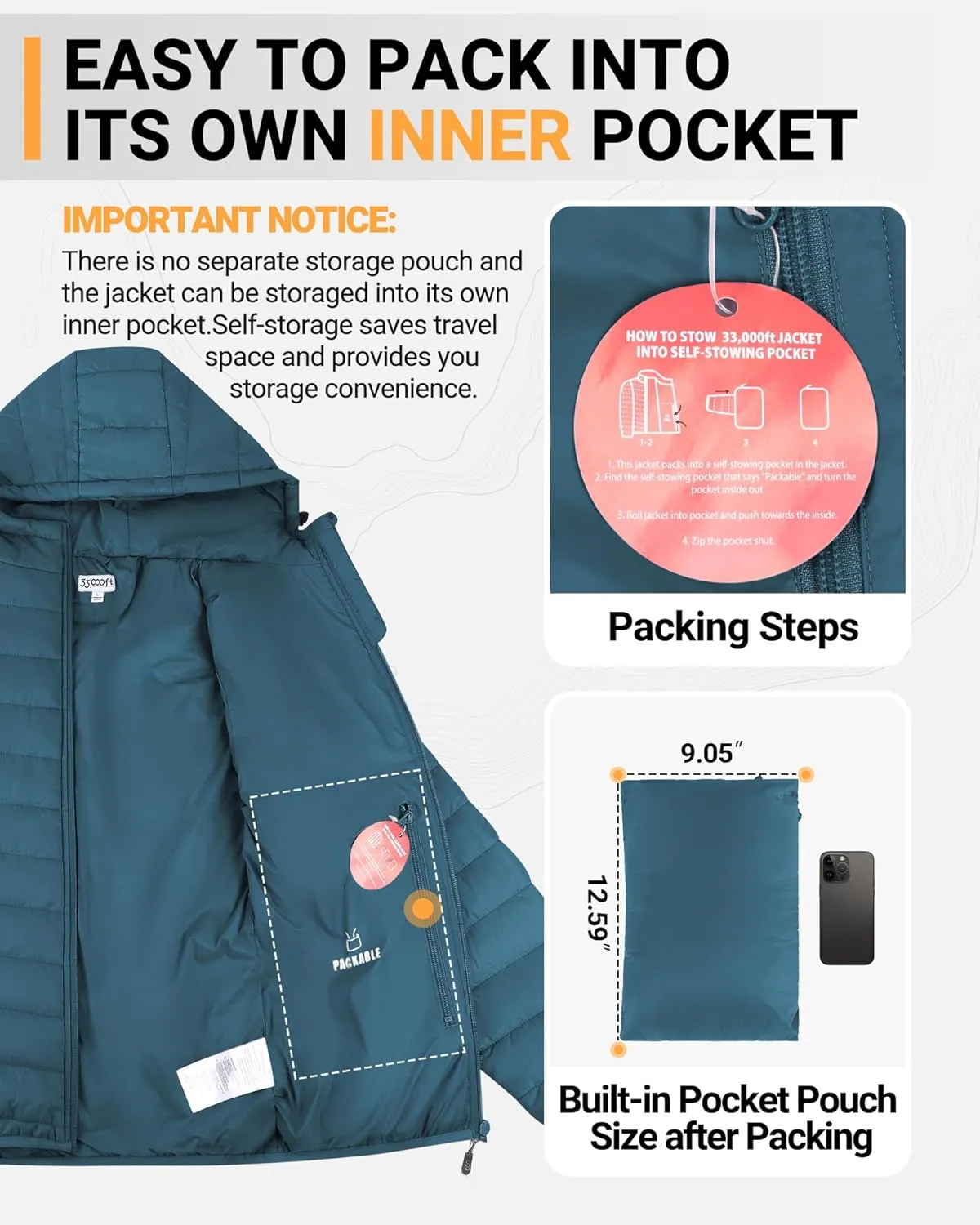 33,000ft Women's Hooded Packable Puffer Jacket Lightweight Warm Puffy Quilted Winter Coat