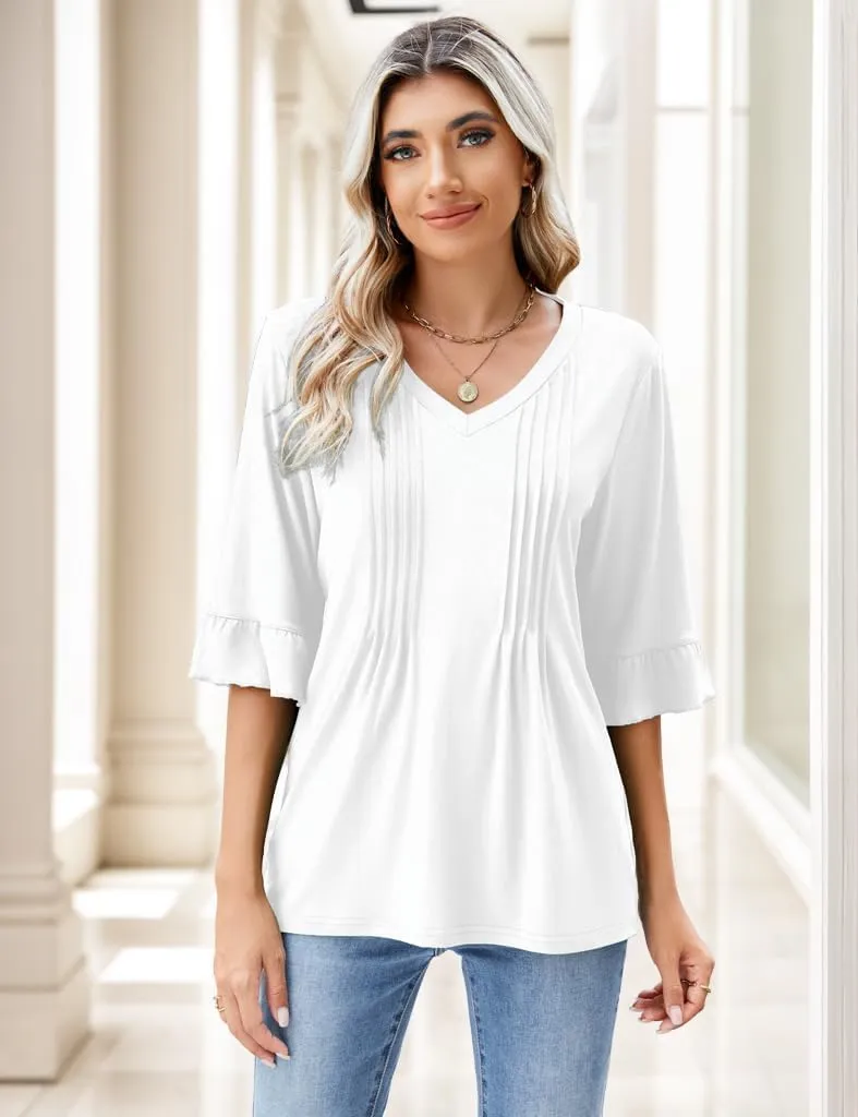 3/4 Length Sleeve Womens Tops Dressy Casual Summer Bell Elbow Sleeve Blouses Work Tunic Shirts