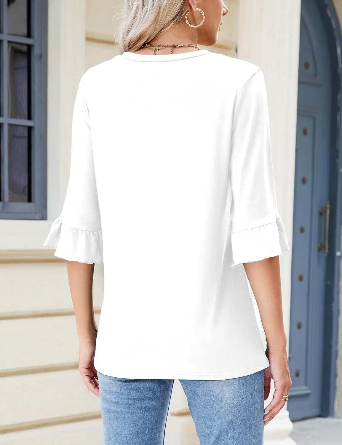 3/4 Length Sleeve Womens Tops Dressy Casual Summer Bell Elbow Sleeve Blouses Work Tunic Shirts