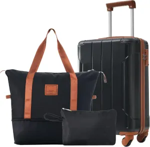 3Pcs Hardshell Luggage Set Spinner Wheel Suitcase 20" with Travel Bag & Toiletry Bag TSA Lock for Men Women (Black/Brown)