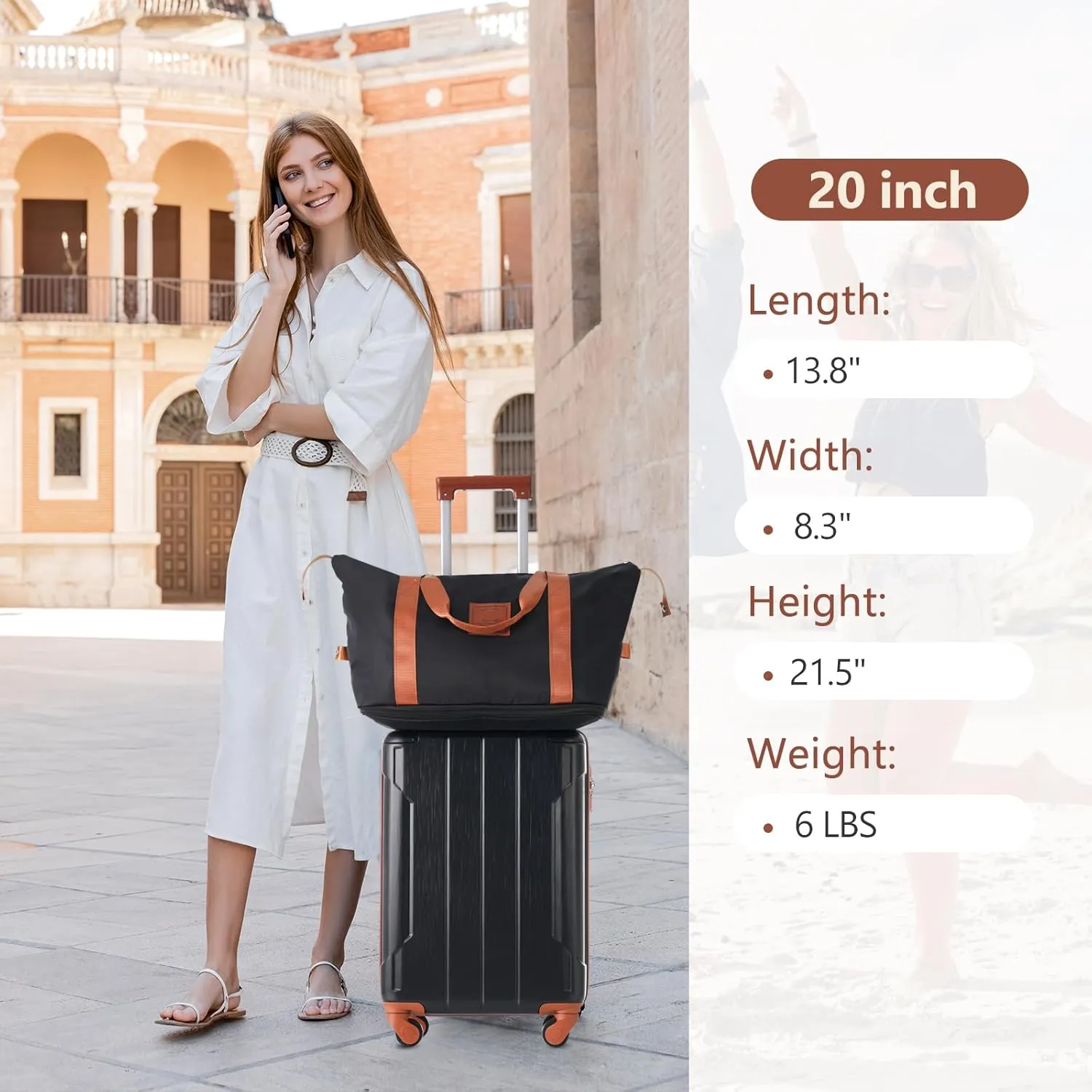 3Pcs Hardshell Luggage Set Spinner Wheel Suitcase 20" with Travel Bag & Toiletry Bag TSA Lock for Men Women (Black/Brown)