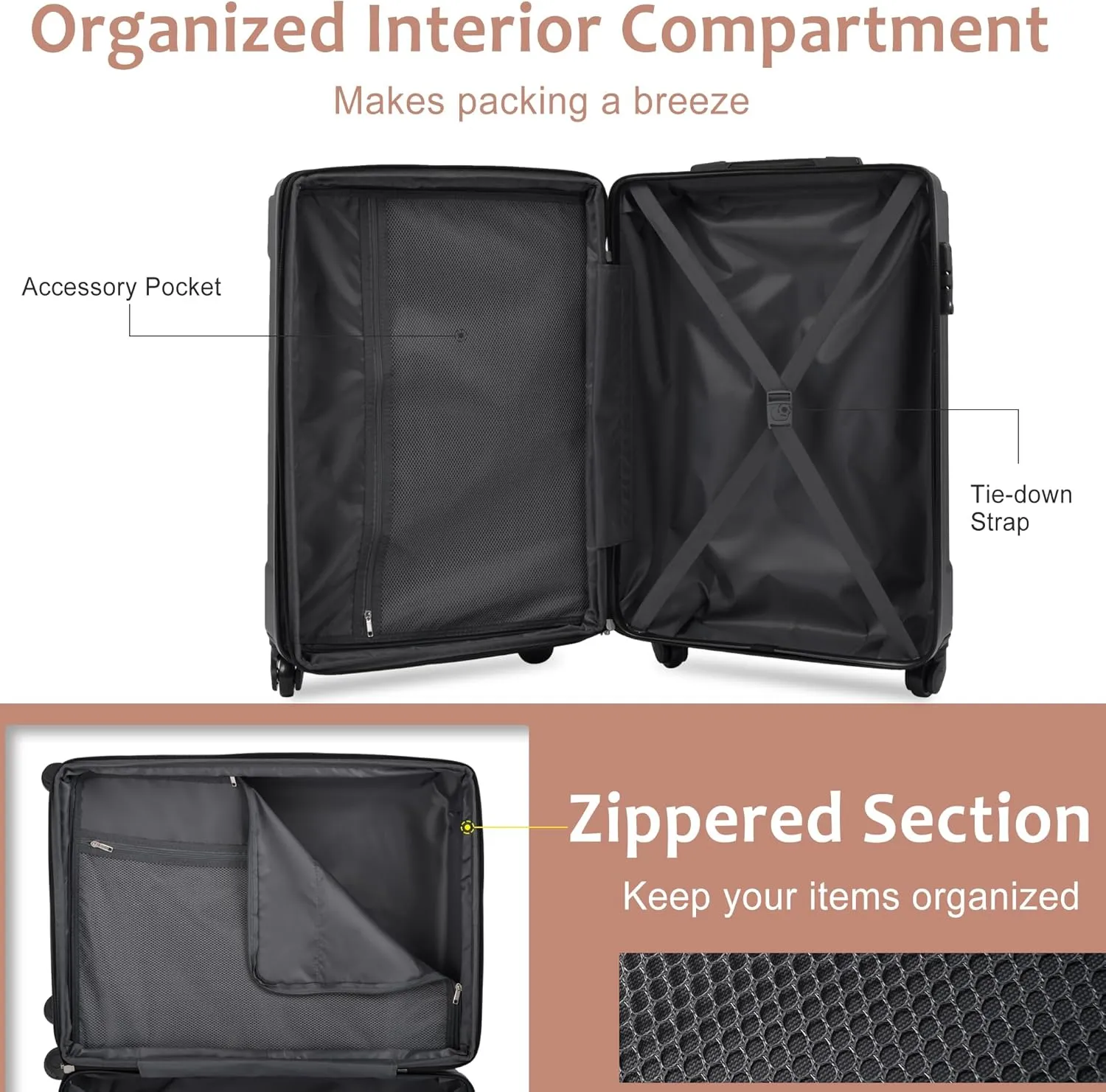 3Pcs Hardshell Luggage Set Spinner Wheel Suitcase 20" with Travel Bag & Toiletry Bag TSA Lock for Men Women (Black/Brown)
