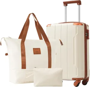 3Pcs Hardshell Luggage Set Spinner Wheel Suitcase 20" with Travel Bag & Toiletry Bag TSA Lock for Men Women, White Brown