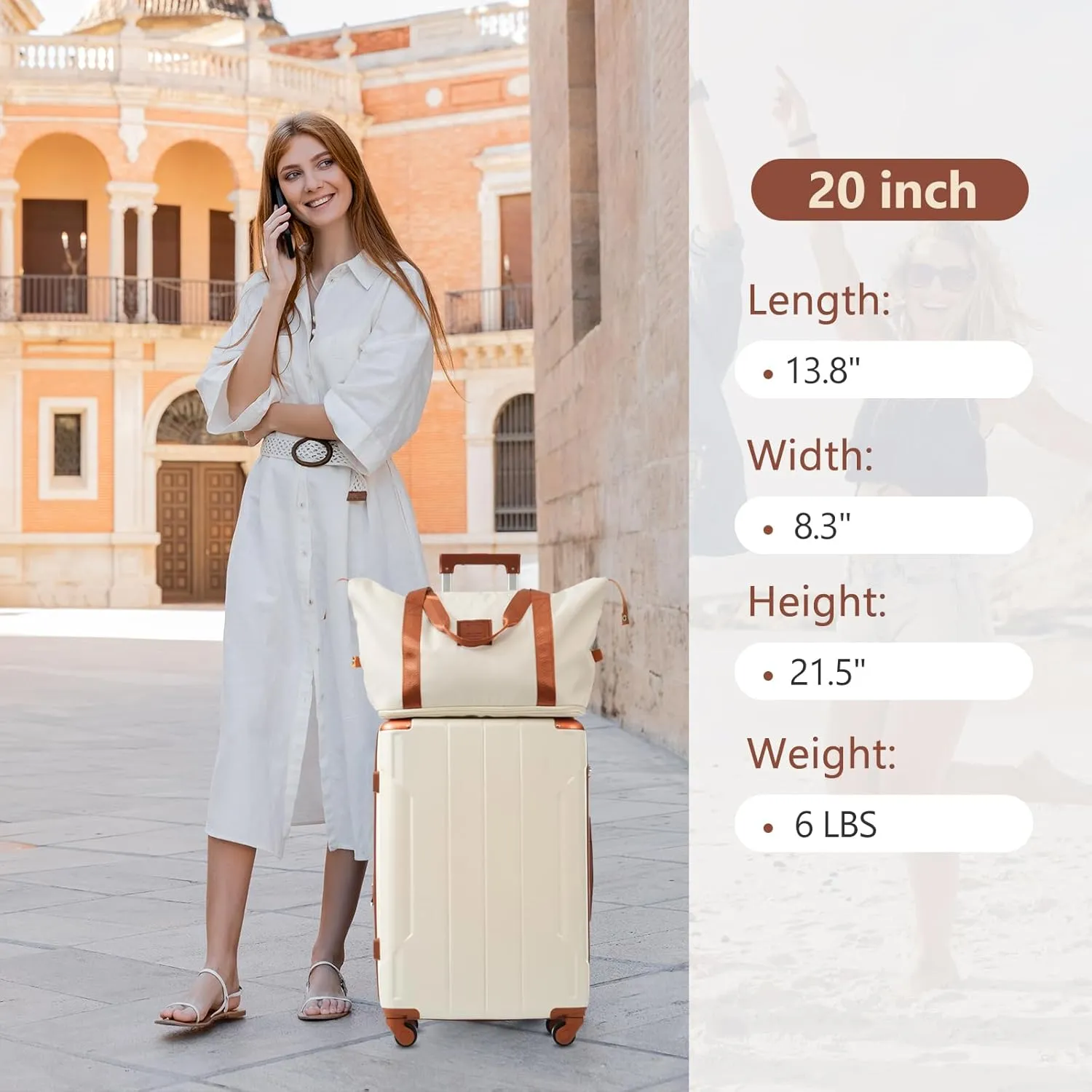 3Pcs Hardshell Luggage Set Spinner Wheel Suitcase 20" with Travel Bag & Toiletry Bag TSA Lock for Men Women, White Brown