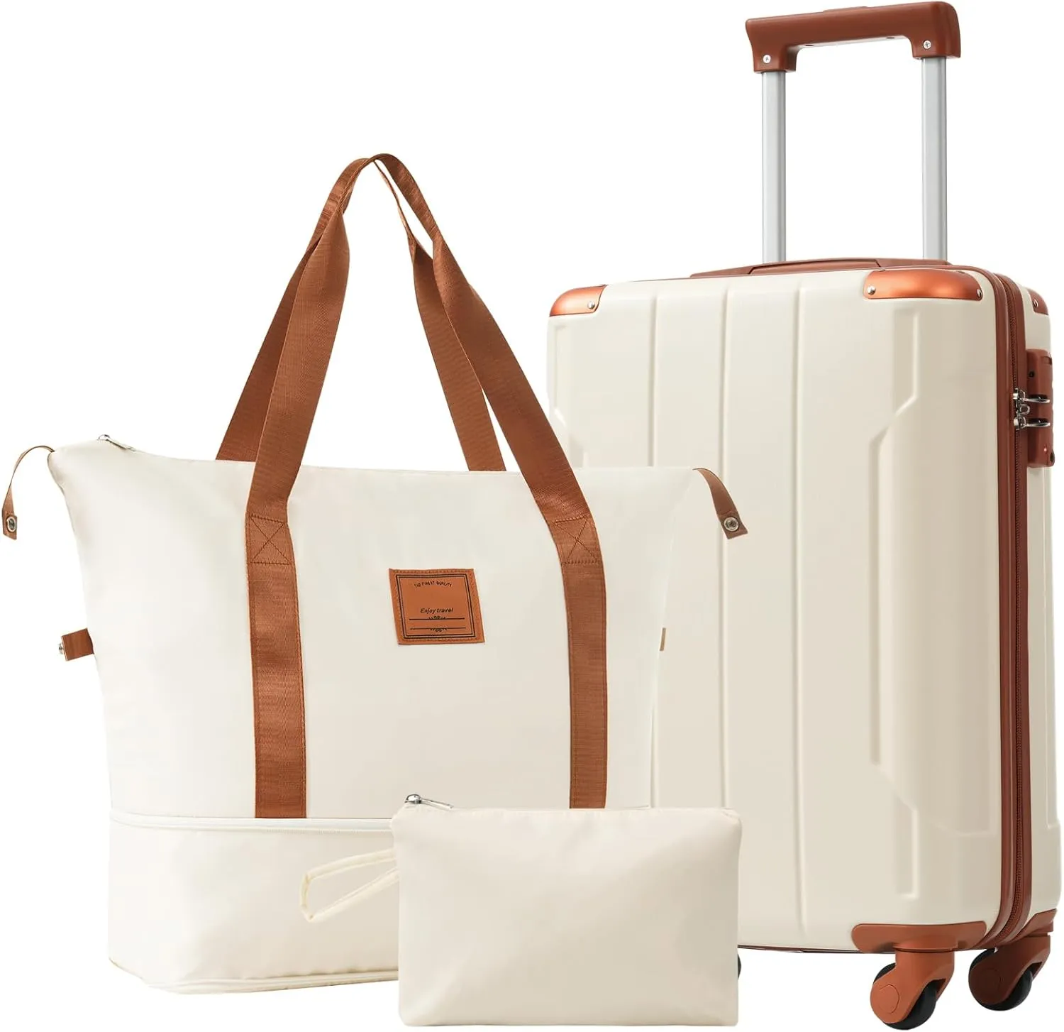 3Pcs Hardshell Luggage Set Spinner Wheel Suitcase 20" with Travel Bag & Toiletry Bag TSA Lock for Men Women, White Brown