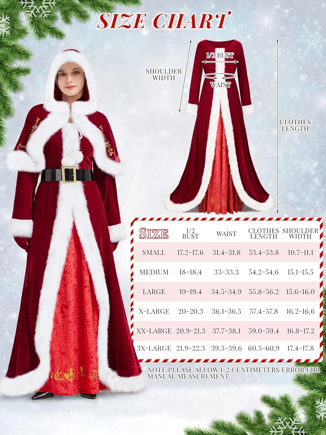 4 Pieces Mrs Claus Costume for Women, Adult Santa Costumes Claus Dress Christmas Outfit with Hooded Cape Gloves Belt