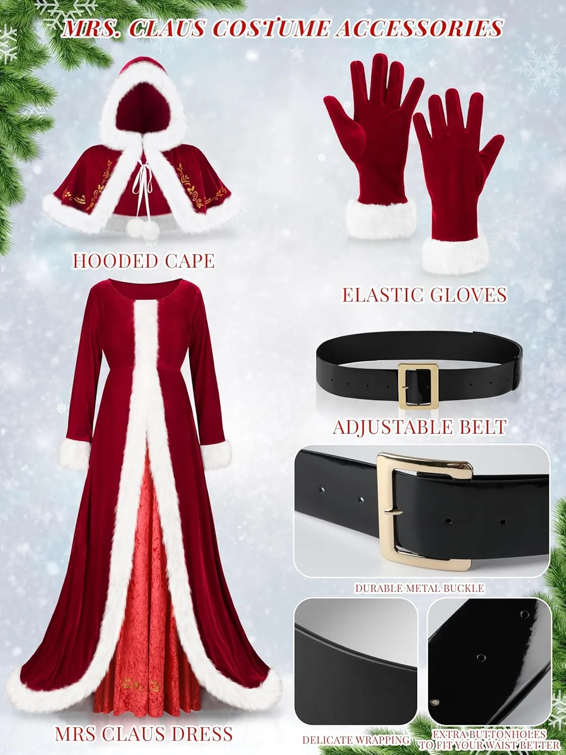 4 Pieces Mrs Claus Costume for Women, Adult Santa Costumes Claus Dress Christmas Outfit with Hooded Cape Gloves Belt