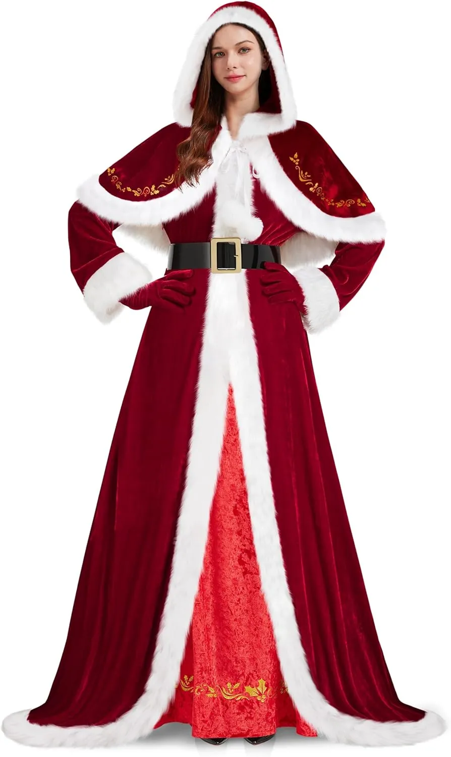 4 Pieces Mrs Claus Costume for Women, Adult Santa Costumes Claus Dress Christmas Outfit with Hooded Cape Gloves Belt