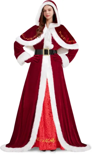 4 Pieces Mrs Claus Costume for Women, Adult Santa Costumes Claus Dress Christmas Outfit with Hooded Cape Gloves Belt