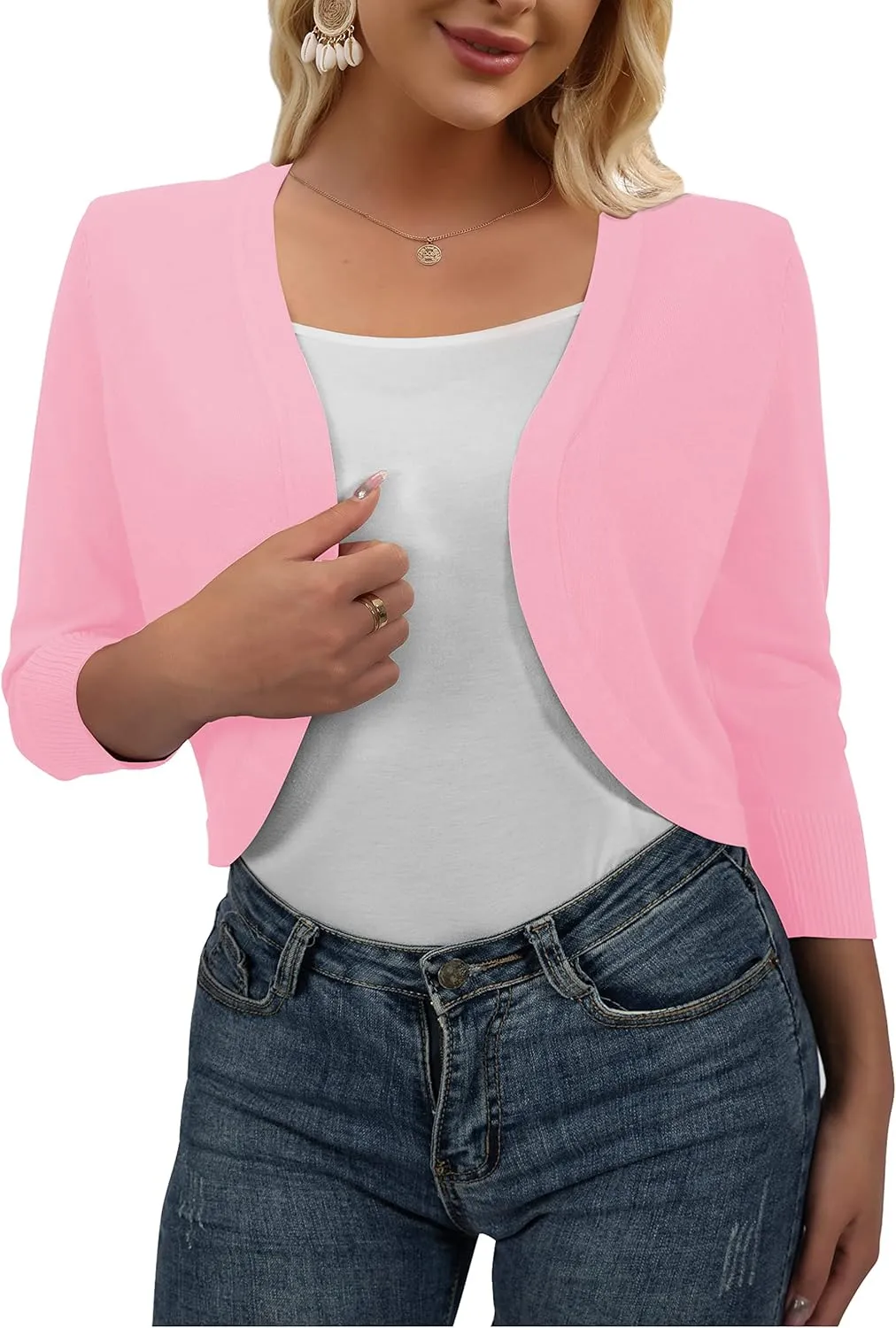 AAMILIFE Women's 3/4 Sleeve Cropped Cardigans Sweater Open Front Short Shrugs