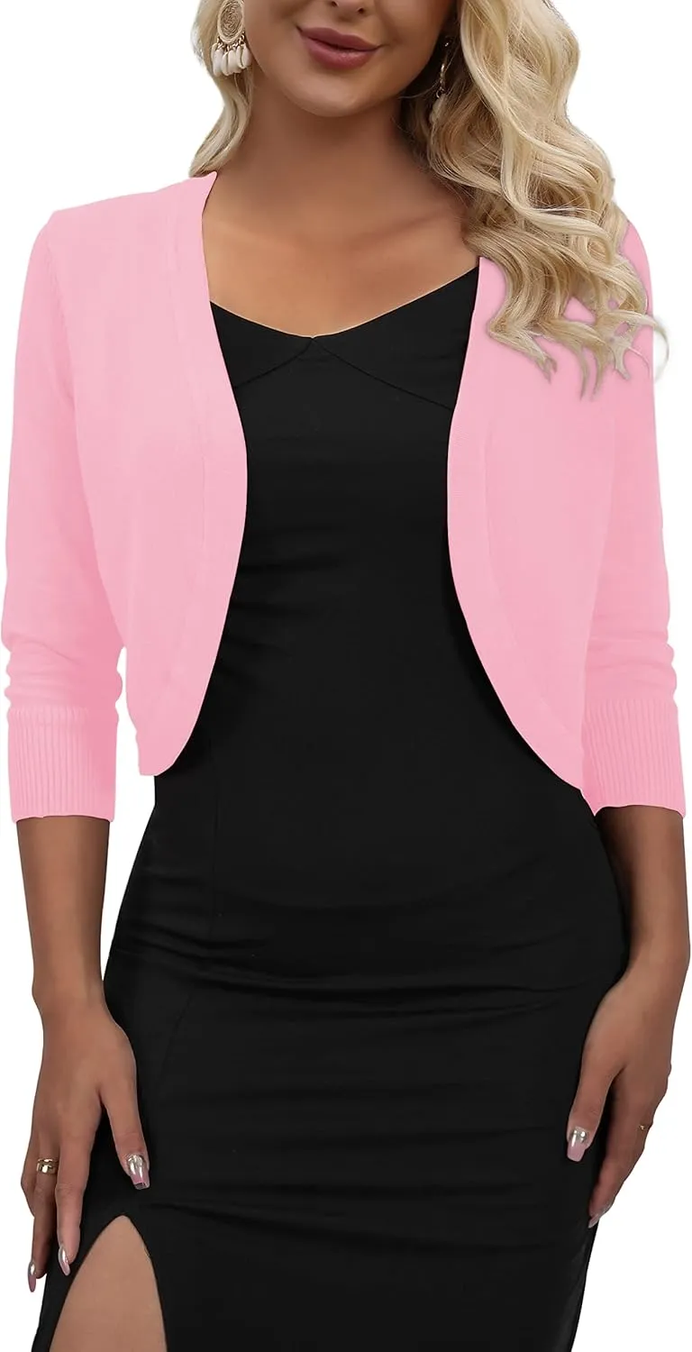 AAMILIFE Women's 3/4 Sleeve Cropped Cardigans Sweater Open Front Short Shrugs