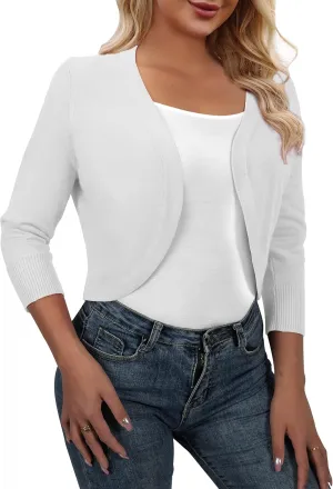 AAMILIFE Women's 3/4 Sleeve Cropped Cardigans Sweater Open Front Short Shrugs