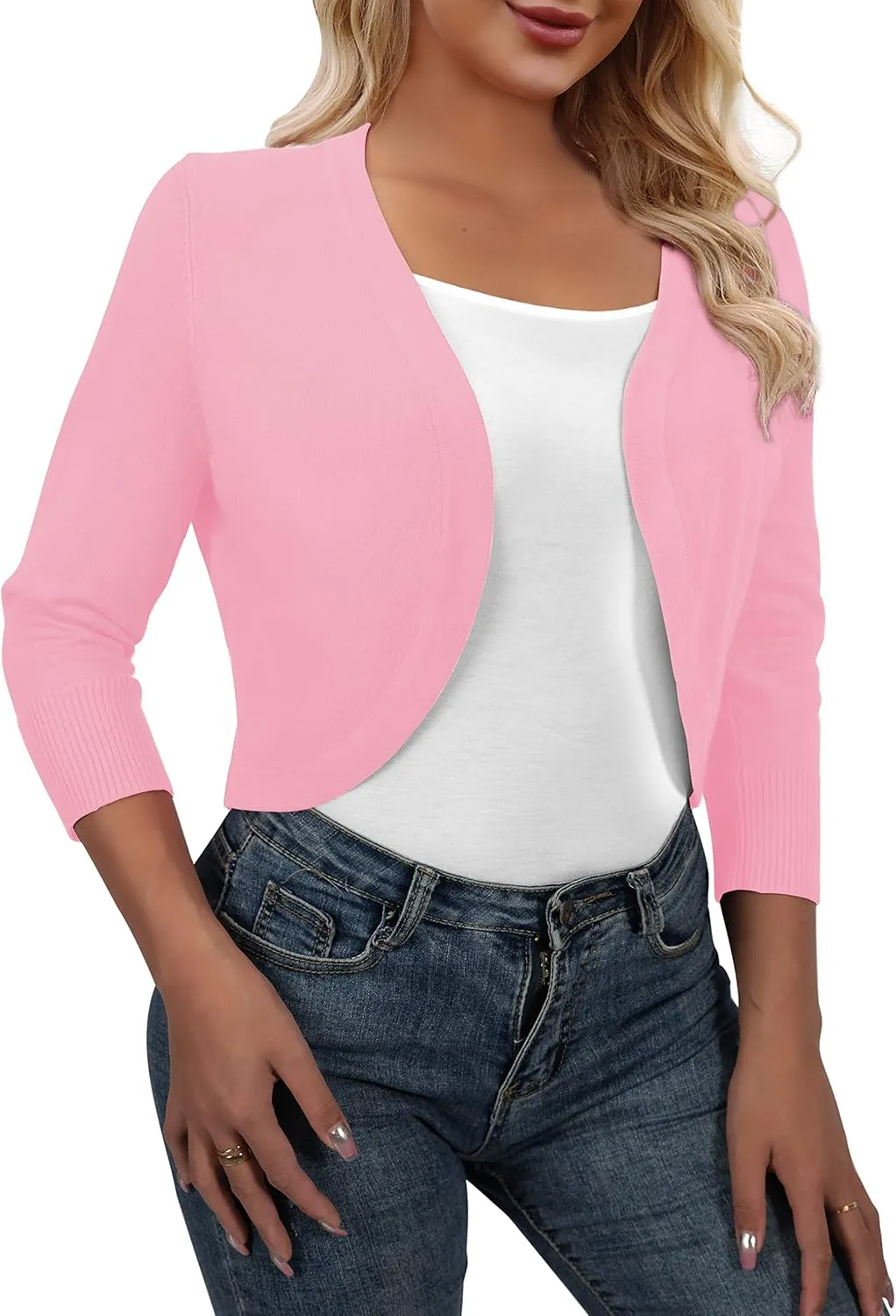 AAMILIFE Women's 3/4 Sleeve Cropped Cardigans Sweater Open Front Short Shrugs