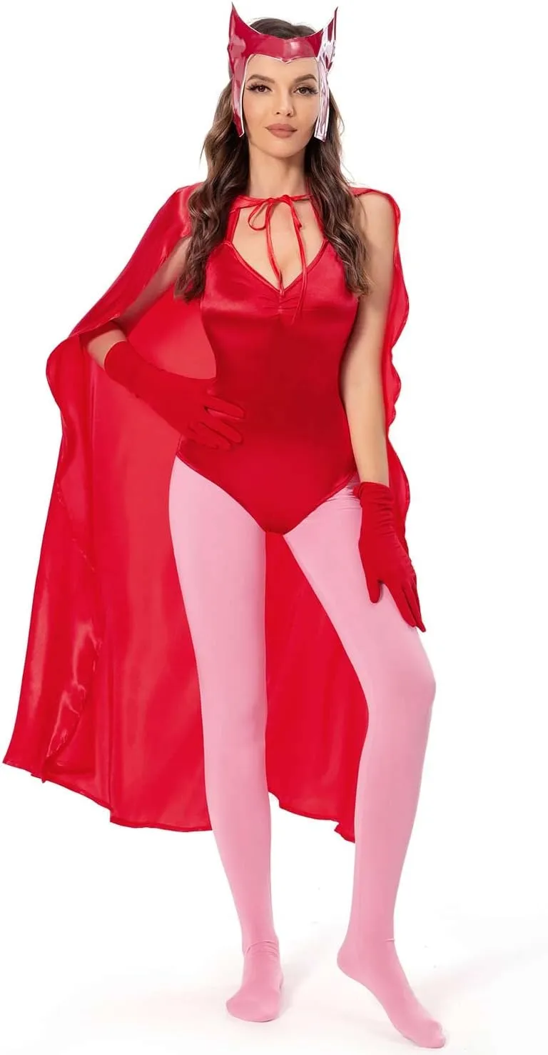 Adult Cosplay Bodysuit Halloween Witch Jumpsuit Costume Outfit Cloak Cape Suit Set