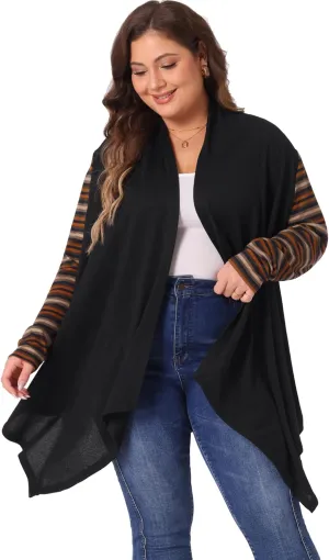 Agnes Orinda Women's Plus Size Cardigan Duster Open Front Long Sleeve Lightweight Stripe Splicing Long Cardigans