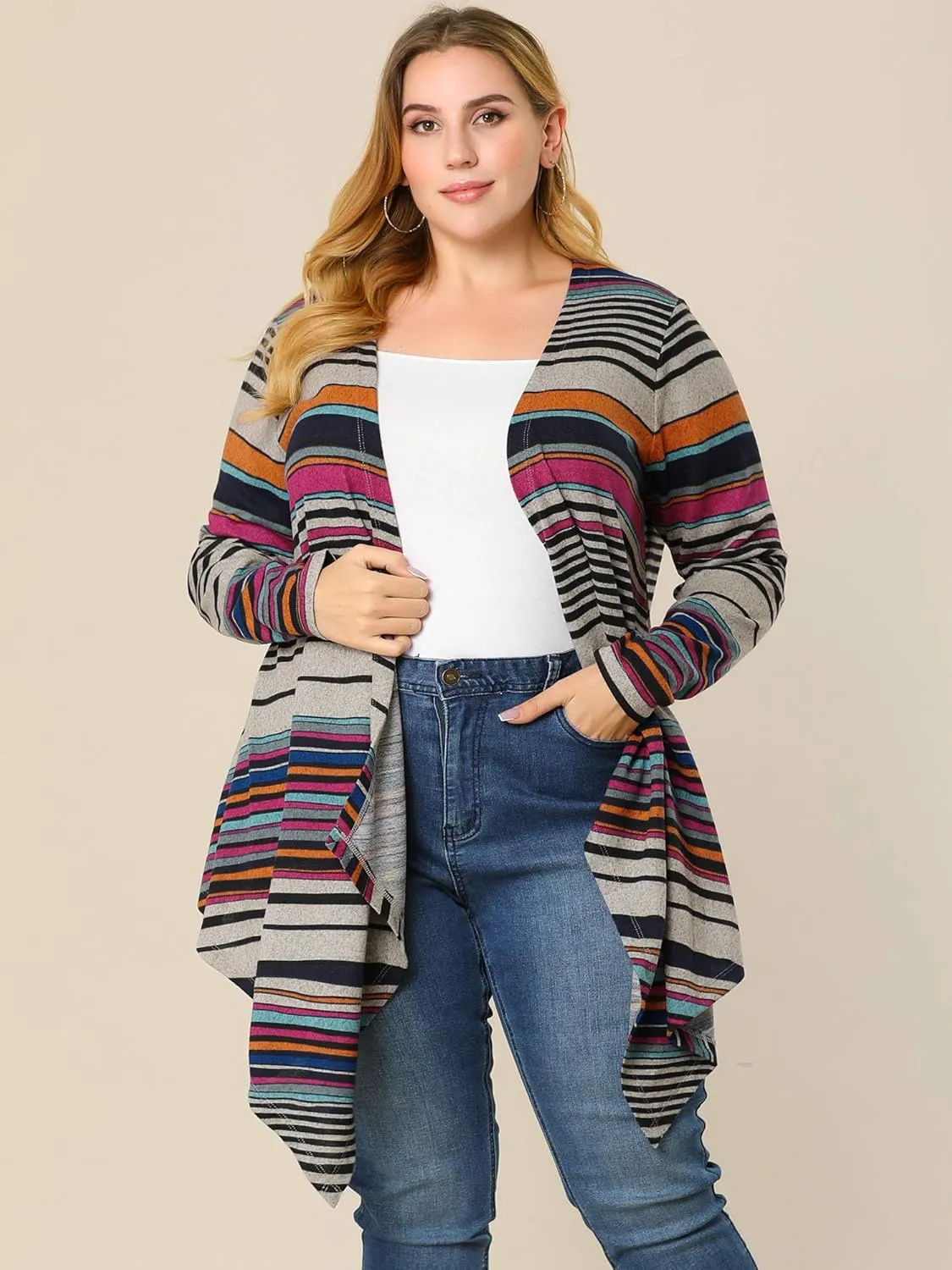 Agnes Orinda Women's Plus Size Cardigans Kimonos Color Block Boho Striped Open Front Cardigan 2024