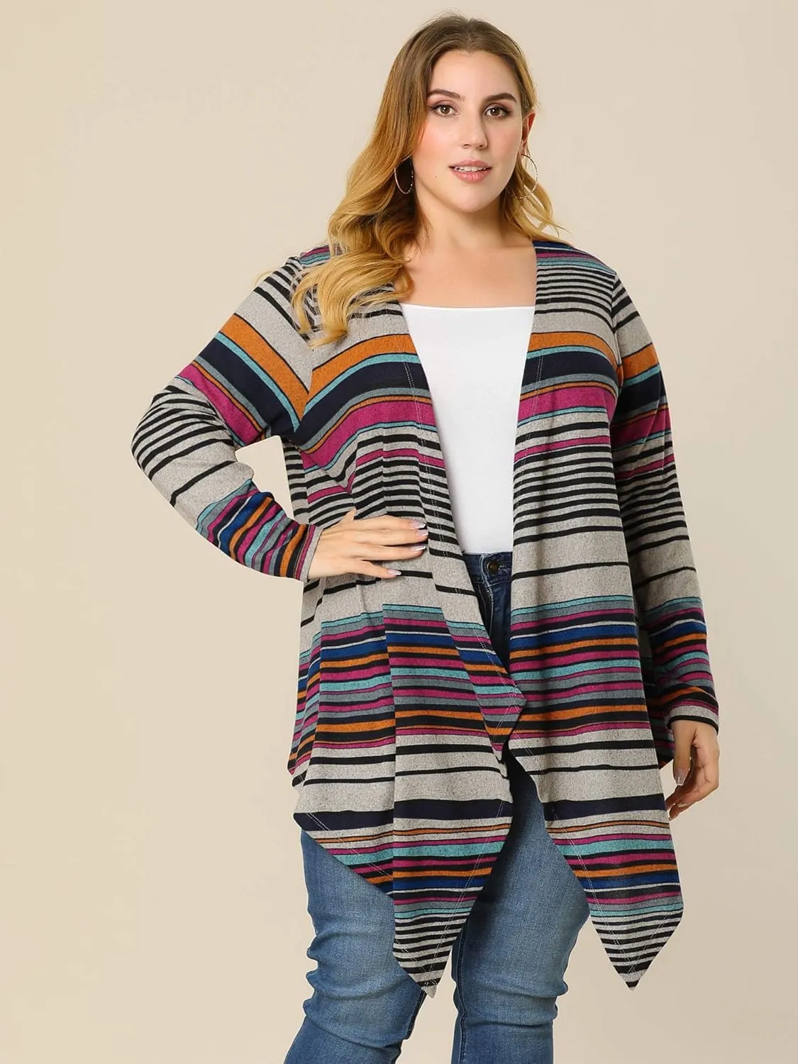 Agnes Orinda Women's Plus Size Cardigans Kimonos Color Block Boho Striped Open Front Cardigan 2024