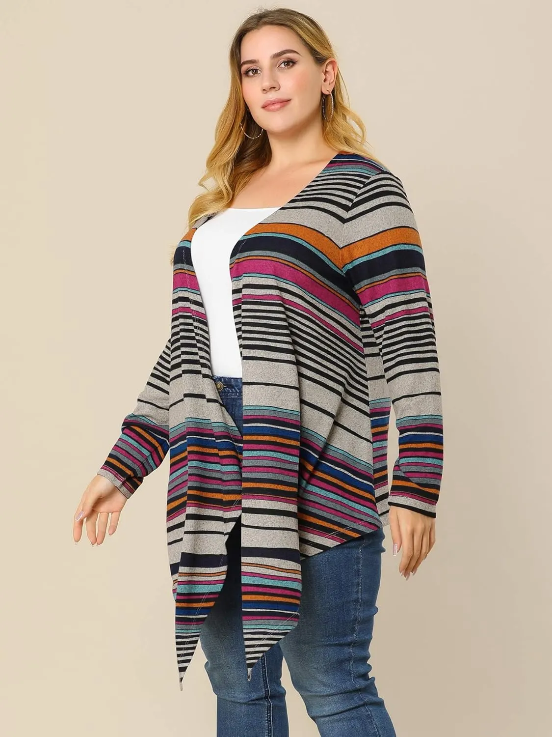 Agnes Orinda Women's Plus Size Cardigans Kimonos Color Block Boho Striped Open Front Cardigan 2024