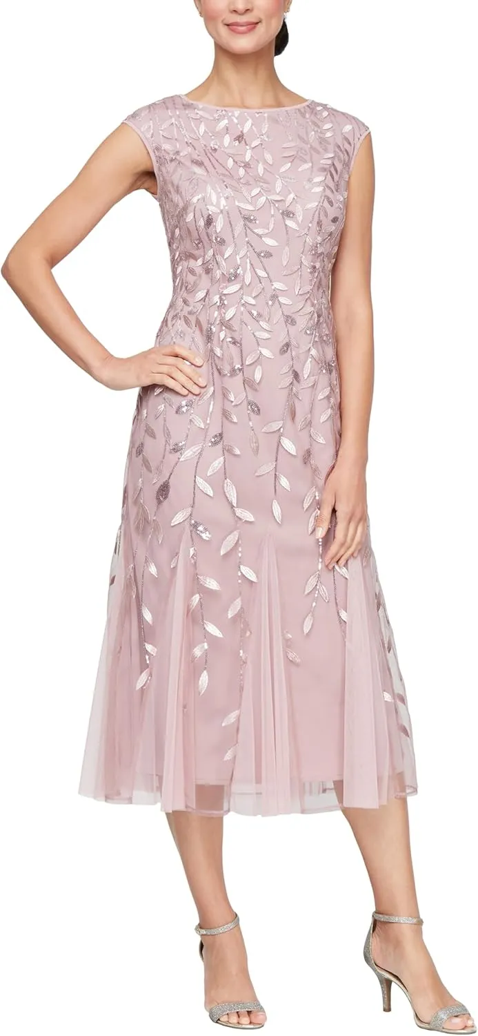 Alex Evenings Women's Short Embroidered Cocktail Dress, Wedding Guest (Petite and Regular Sizes)
