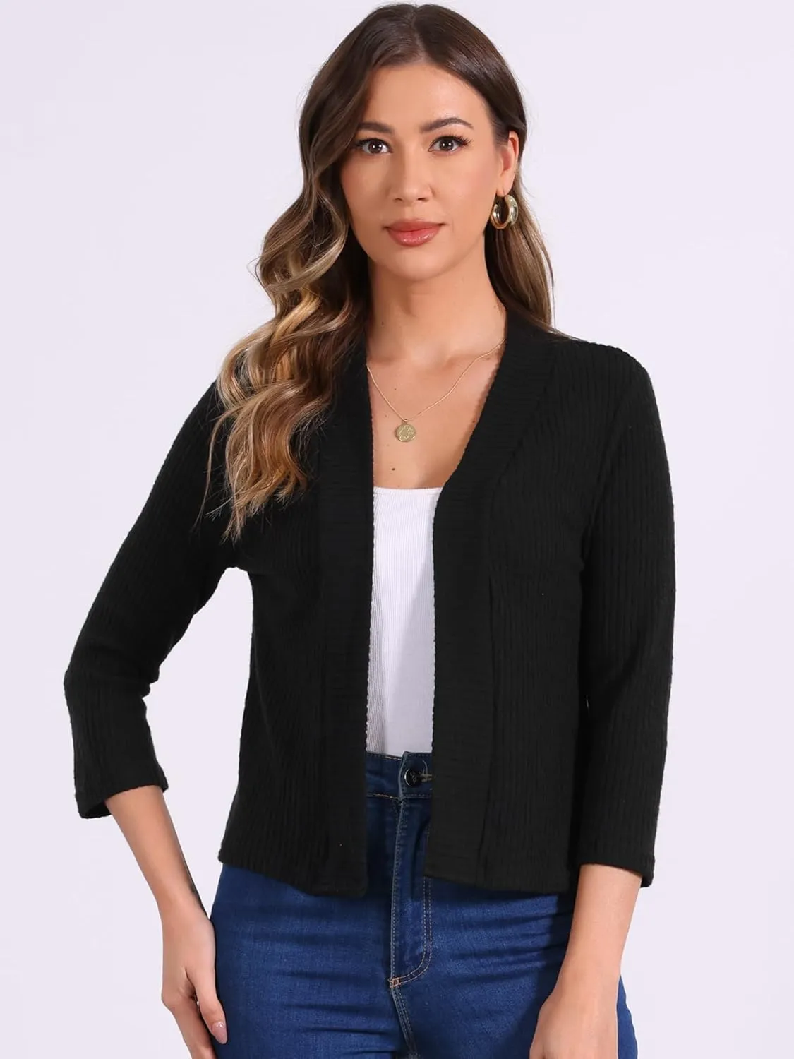 Allegra K Women's Cropped Elegant Sweater Open Front Long Sleeve Knit Shrug Casual Outfit Cardigans