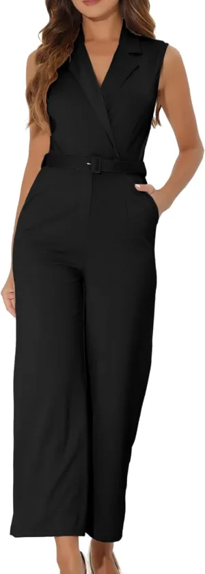 Allegra K Womens' Sleeveless V Neck Button Front Jumpsuits Long Leg with Pocket Belted