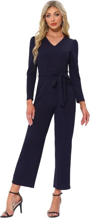 Allegra K Women's V Neck Jumpsuit Long Sleeve Tie Waist Wide Leg Long Pants Elegant Knit Jumpsuits