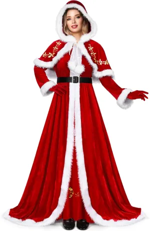 AOTHSO 4 Pieces Women Christmas Deluxe Mrs. Claus Costume Set Velvet Dress Hooded Cloak Cape Gloves Belt for Cosplay Party