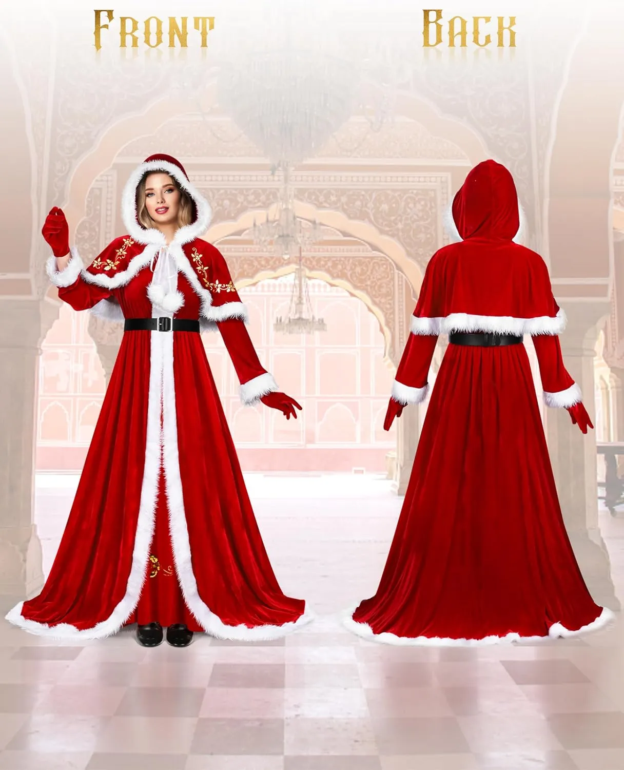 AOTHSO 4 Pieces Women Christmas Deluxe Mrs. Claus Costume Set Velvet Dress Hooded Cloak Cape Gloves Belt for Cosplay Party