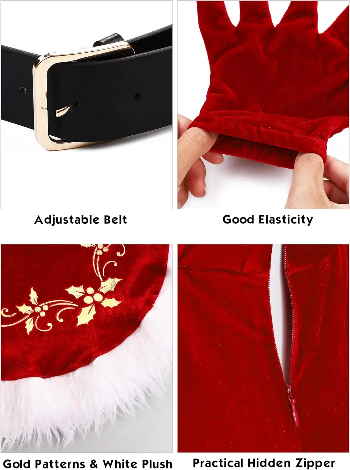 AOTHSO 4 Pieces Women Christmas Deluxe Mrs. Claus Costume Set Velvet Dress Hooded Cloak Cape Gloves Belt for Cosplay Party