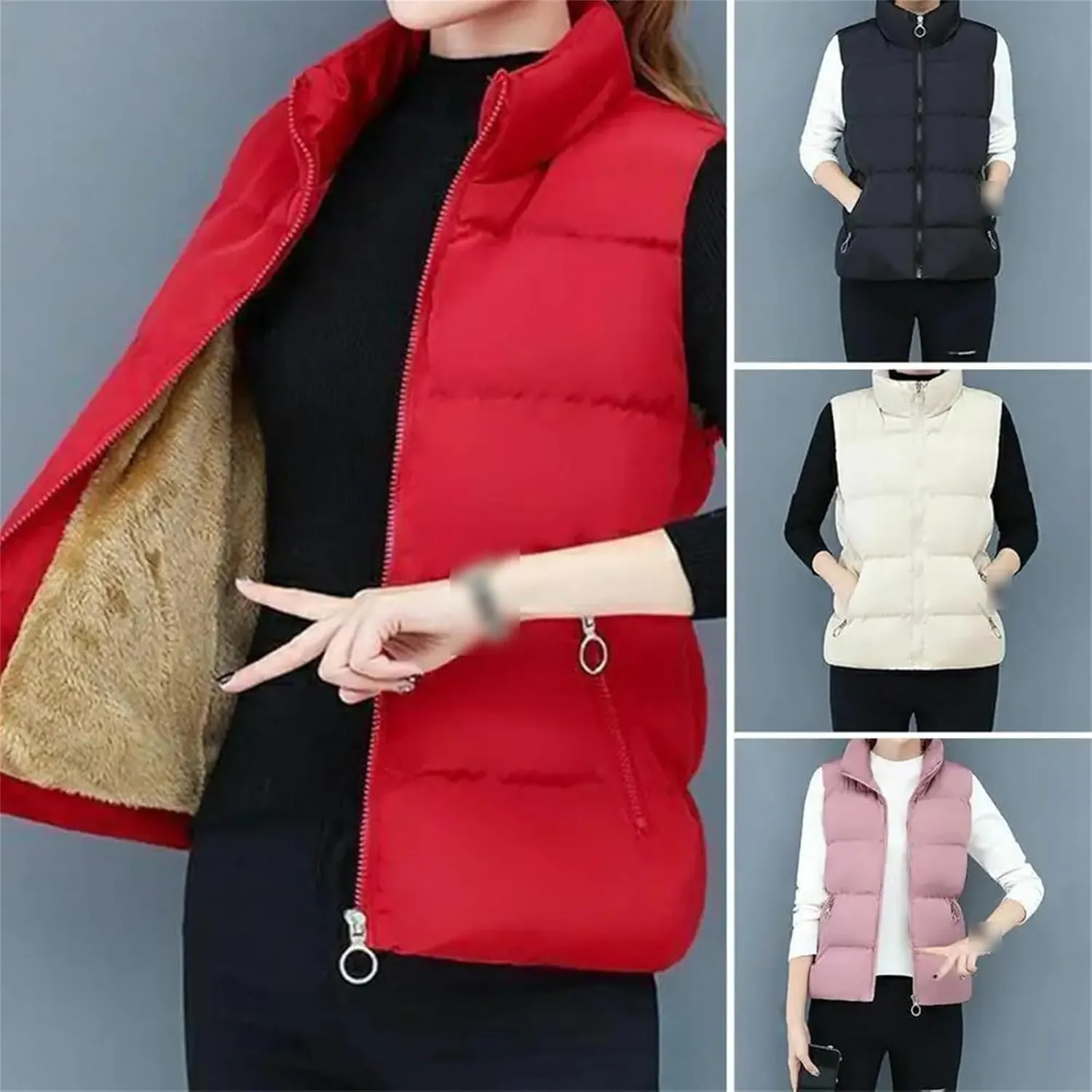 Autumn Winter Fleece Lining Waistcoat Cotton Padded Women Vest Zipper Stand Collar Sleeveless Jacket Streetwear