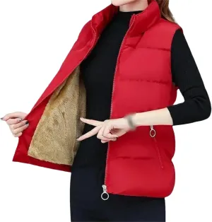 Autumn Winter Fleece Lining Waistcoat Cotton Padded Women Vest Zipper Stand Collar Sleeveless Jacket Streetwear