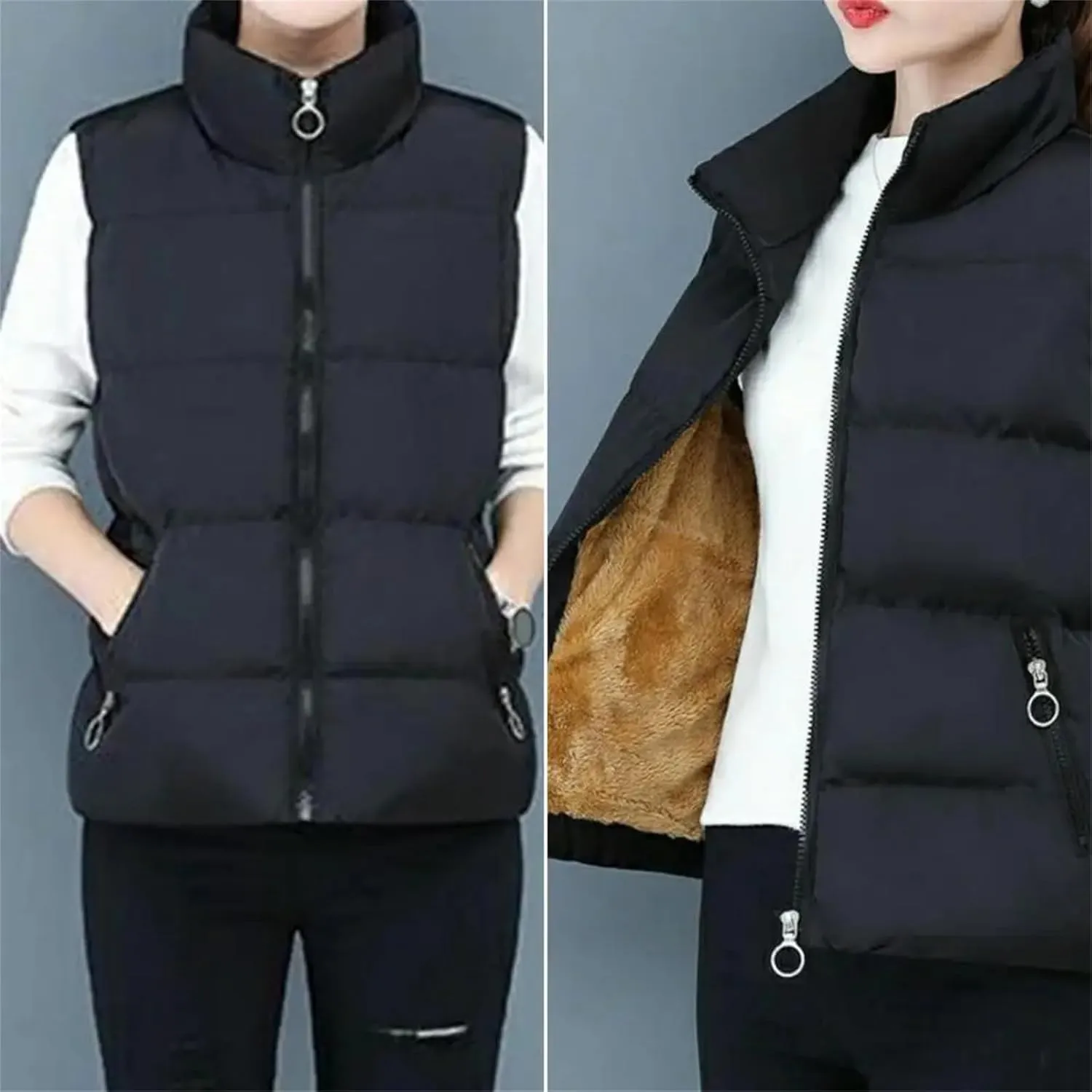 Autumn Winter Fleece Lining Waistcoat Cotton Padded Women Vest Zipper Stand Collar Sleeveless Jacket Streetwear
