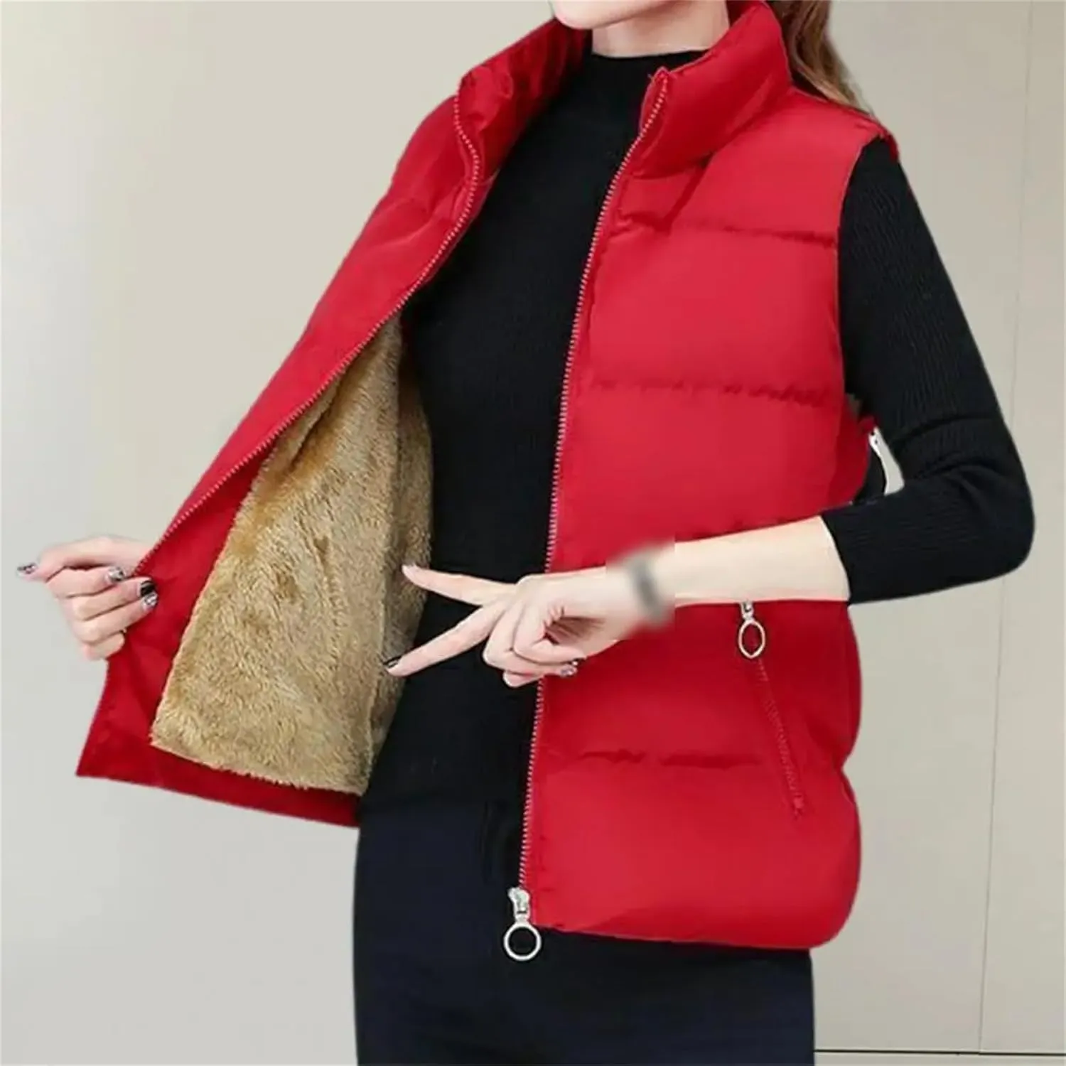 Autumn Winter Fleece Lining Waistcoat Cotton Padded Women Vest Zipper Stand Collar Sleeveless Jacket Streetwear
