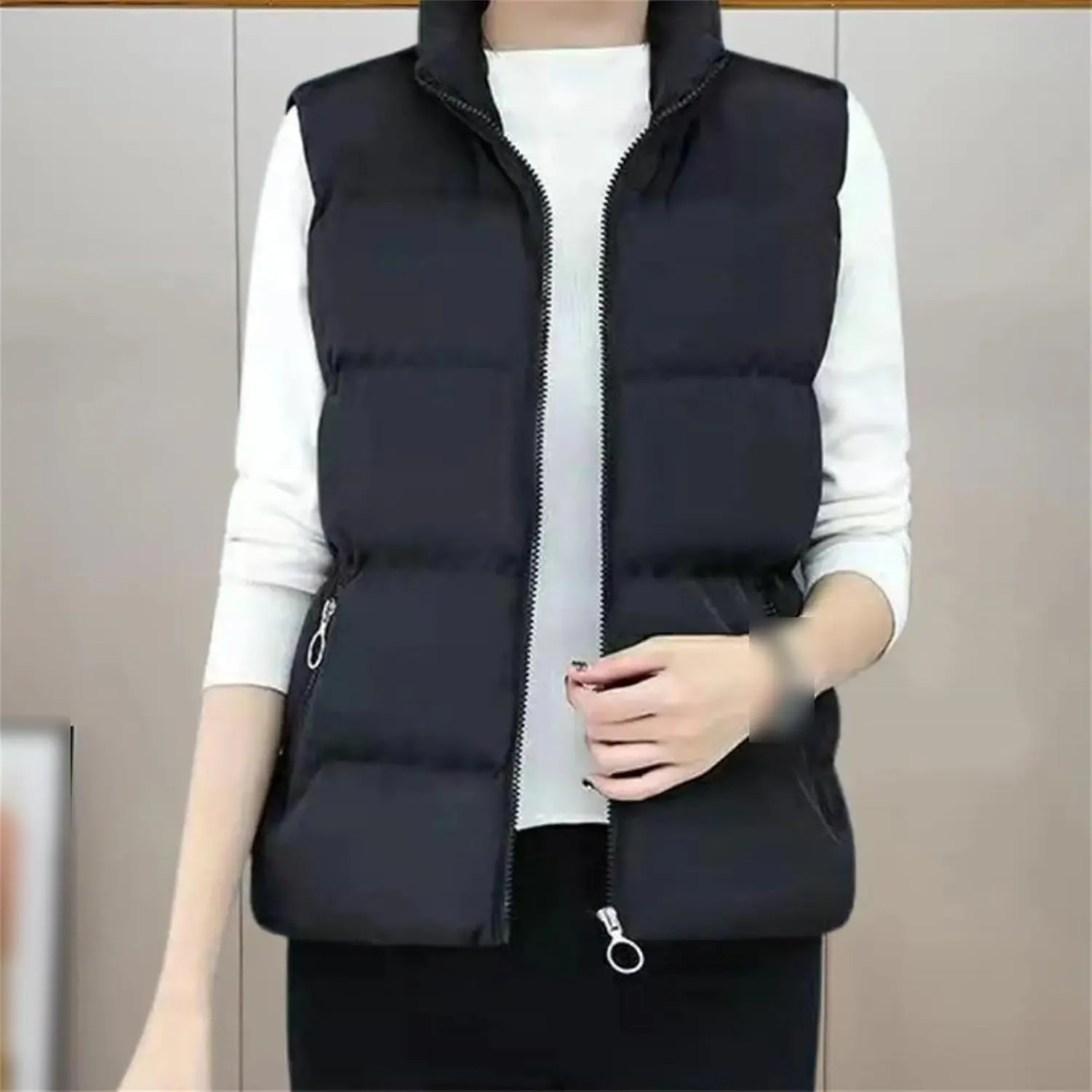 Autumn Winter Fleece Lining Waistcoat Cotton Padded Women Vest Zipper Stand Collar Sleeveless Jacket Streetwear