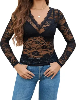 Avidlove Mesh Tops for Women Sheer Long Sleeve Tops V Neck Lace Blouses Under Shirts Floral Lace Tee Shirt S-XXL