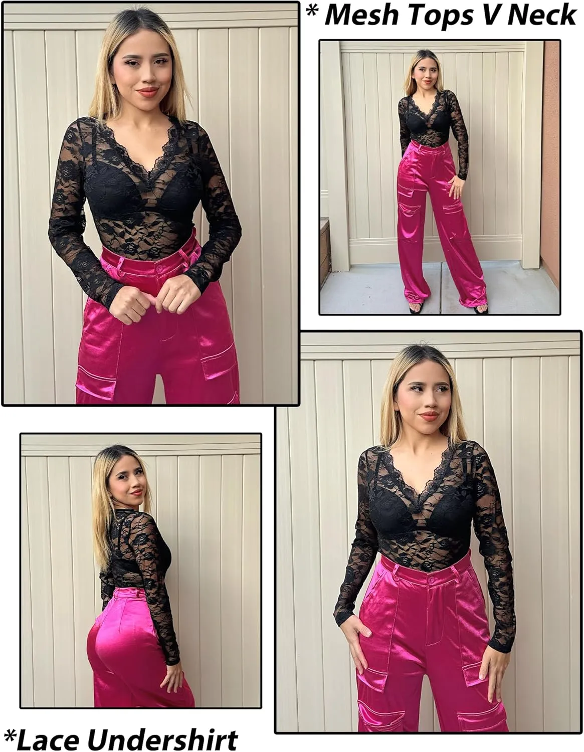 Avidlove Mesh Tops for Women Sheer Long Sleeve Tops V Neck Lace Blouses Under Shirts Floral Lace Tee Shirt S-XXL