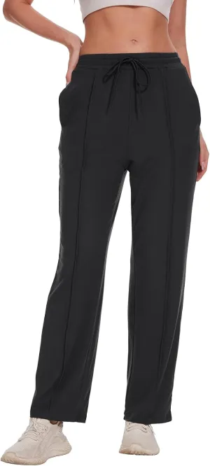 BATHRINS Women's Drawstring High Waisted Straight Long Trousers Pants with Pockets
