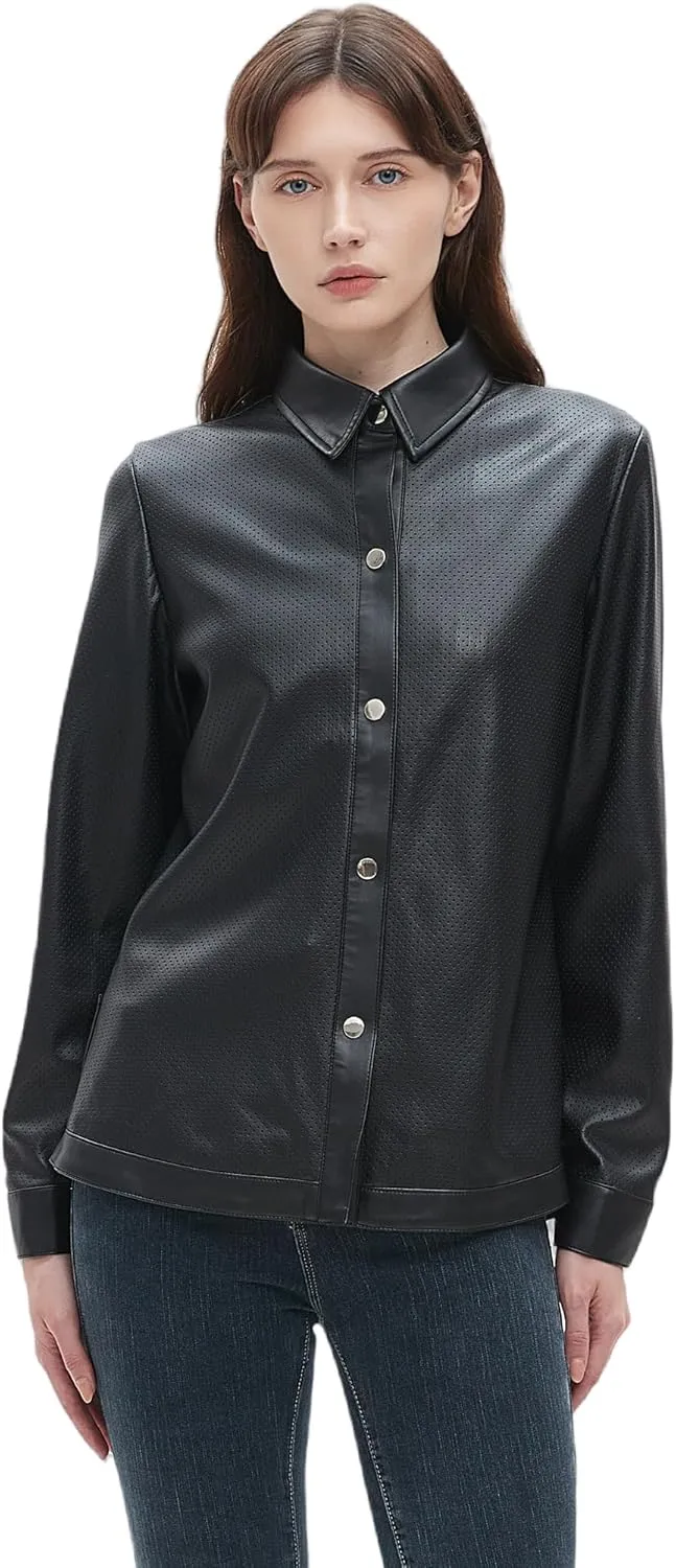 Beinia Women's Long Sleeve Pu Faux Leather Button Down Shirts, Stylish Office Work Blouse Tops Jacket, Snap Button