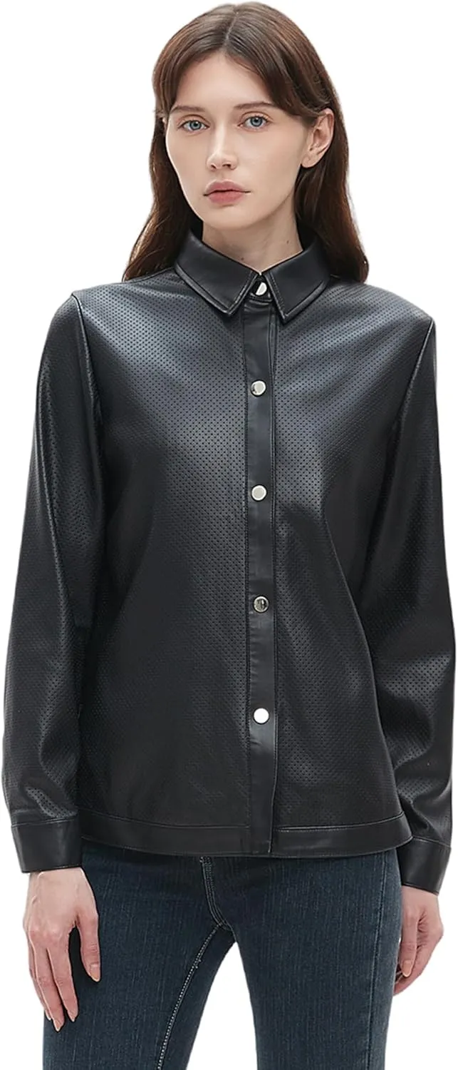 Beinia Women's Long Sleeve Pu Faux Leather Button Down Shirts, Stylish Office Work Blouse Tops Jacket, Snap Button