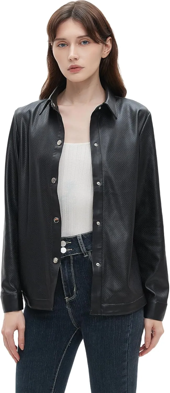 Beinia Women's Long Sleeve Pu Faux Leather Button Down Shirts, Stylish Office Work Blouse Tops Jacket, Snap Button