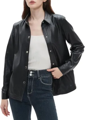 Beinia Women's Long Sleeve Pu Faux Leather Button Down Shirts, Stylish Office Work Blouse Tops Jacket, Snap Button