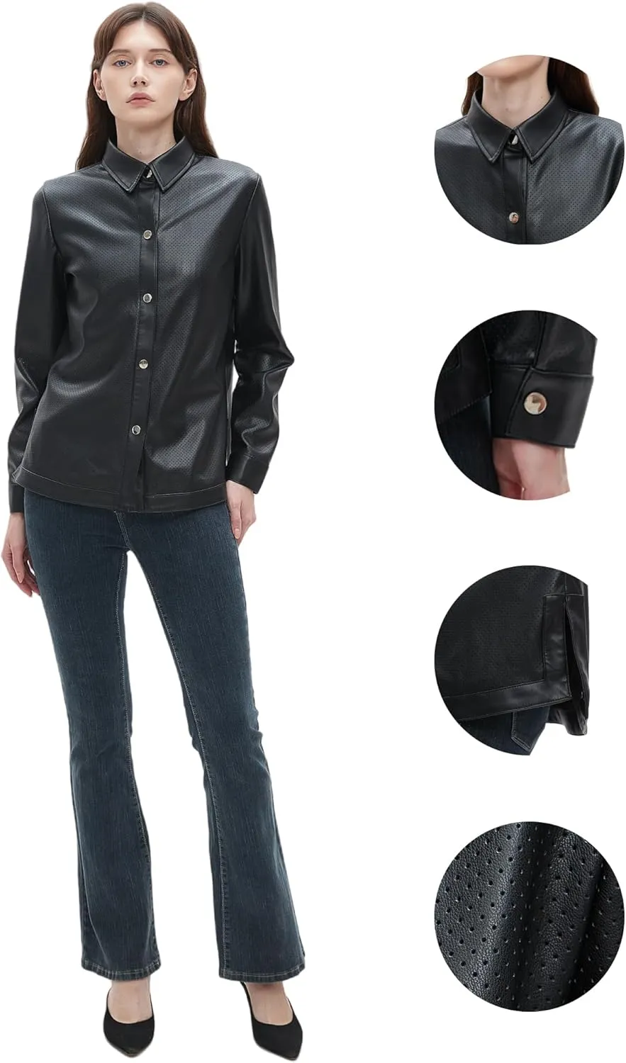 Beinia Women's Long Sleeve Pu Faux Leather Button Down Shirts, Stylish Office Work Blouse Tops Jacket, Snap Button