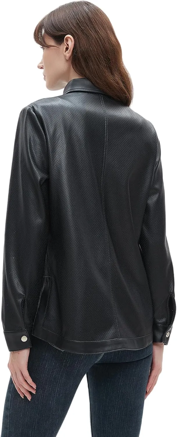 Beinia Women's Long Sleeve Pu Faux Leather Button Down Shirts, Stylish Office Work Blouse Tops Jacket, Snap Button